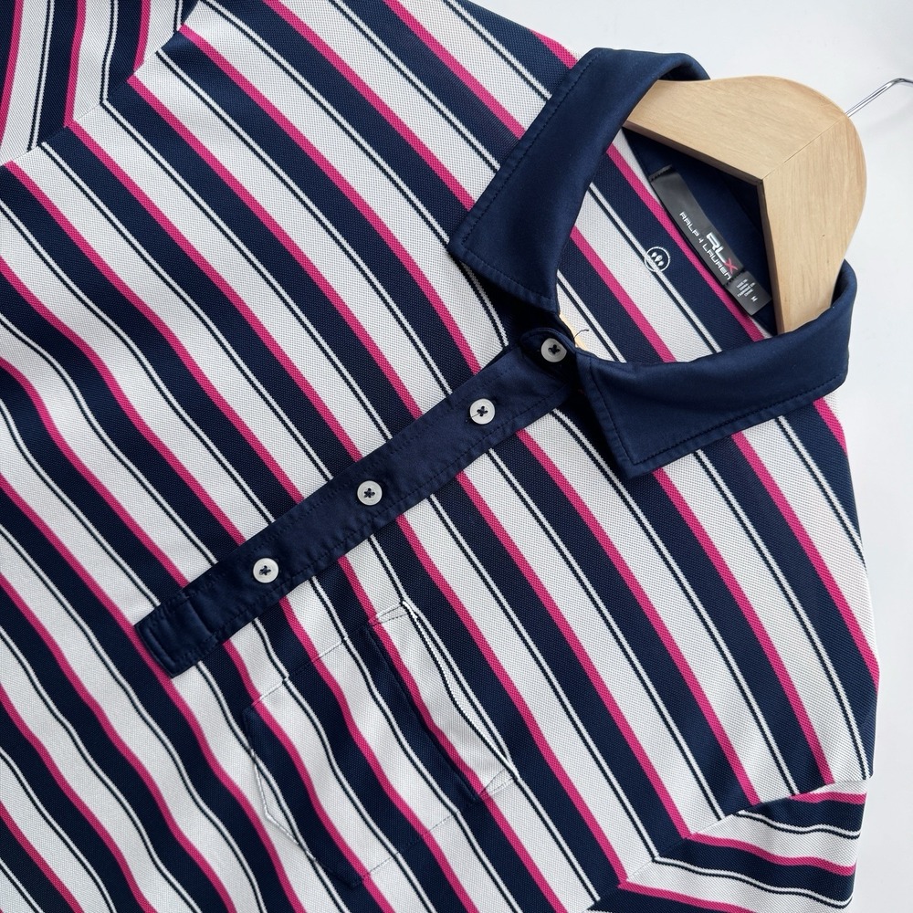 RL Ralph Lauren Mens Medium Golf Polo Shirt Striped Pink Blue Pocket Performance